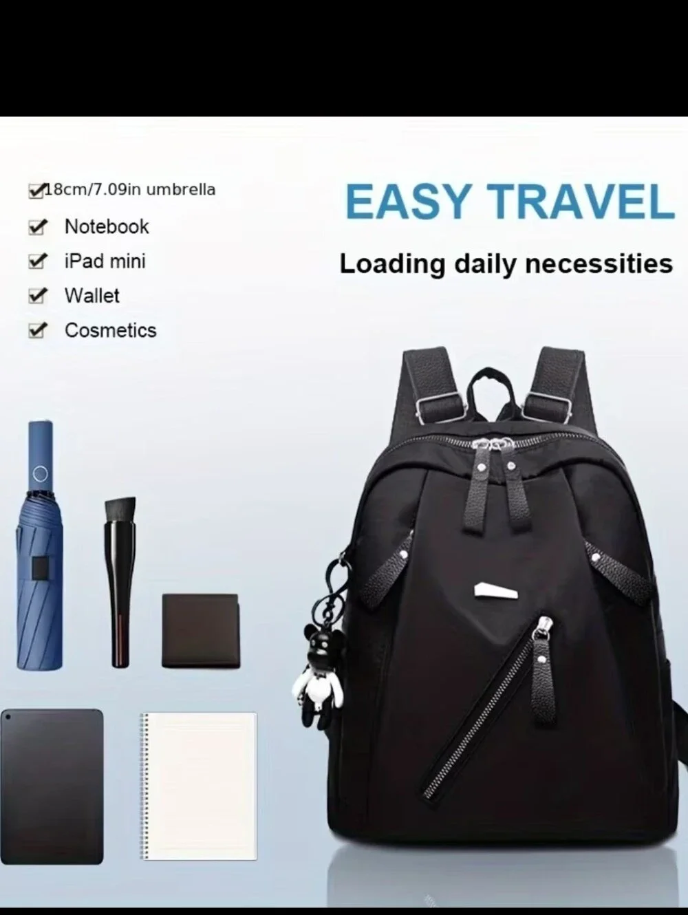Black Casual Backpack with Front Zip Pocket